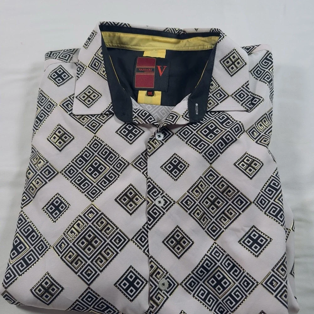 Vassari Shirt Men 3XL Button Up White Geometric Print Long Sleeve 100 Cotton